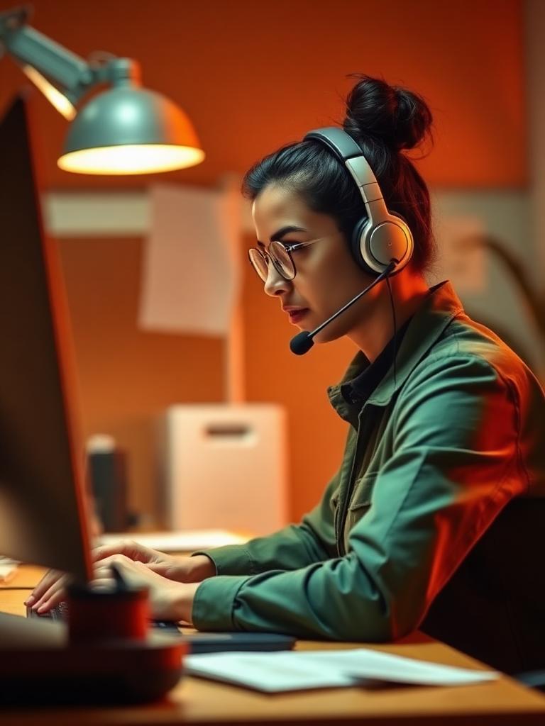Support specialist wearing a headset at her desk