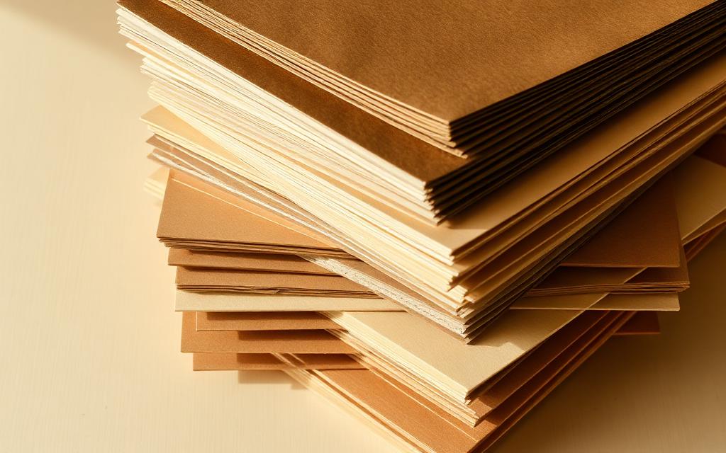 Stack of documents in bronze and cream tones